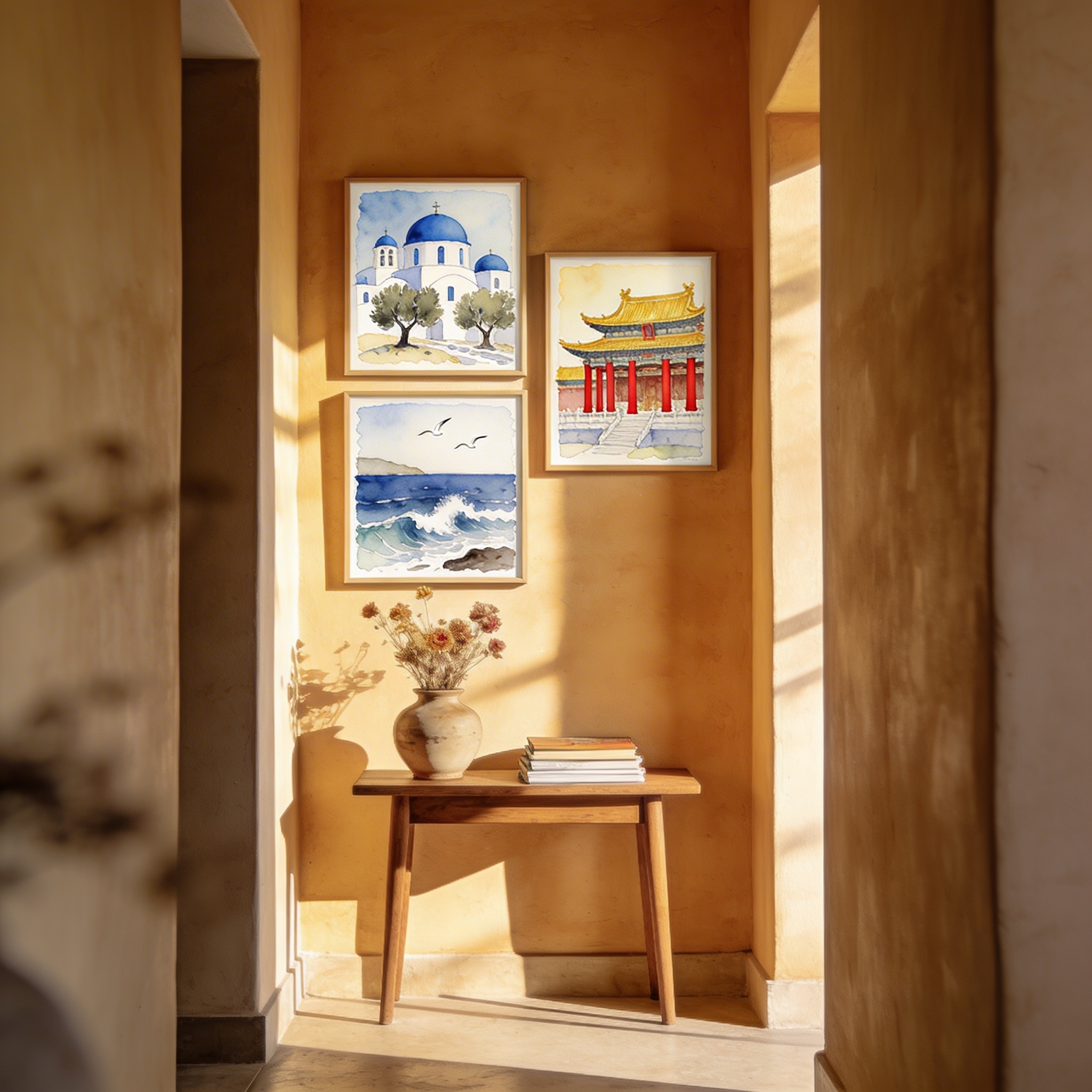 Framed art prints in living room