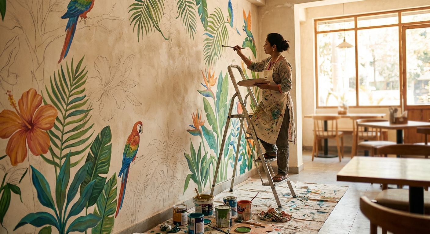 Artist painting botanical mural on cafe wall