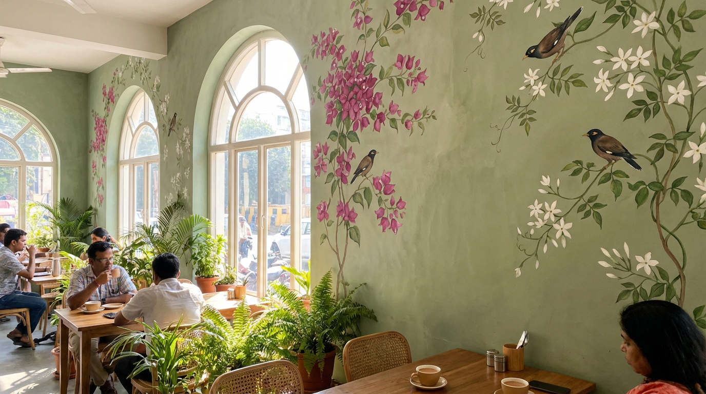 Botanical mural in bright Indian cafe
