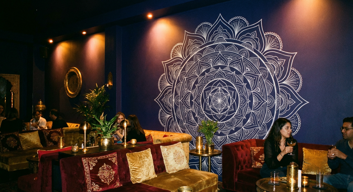 Scenic mountain mural in hotel room