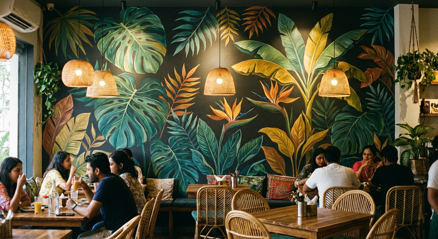 Tropical mural in Indian cafe