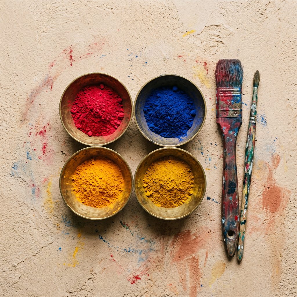 Indian pigment powders — sindoor red, indigo, marigold — heaped in brass bowls