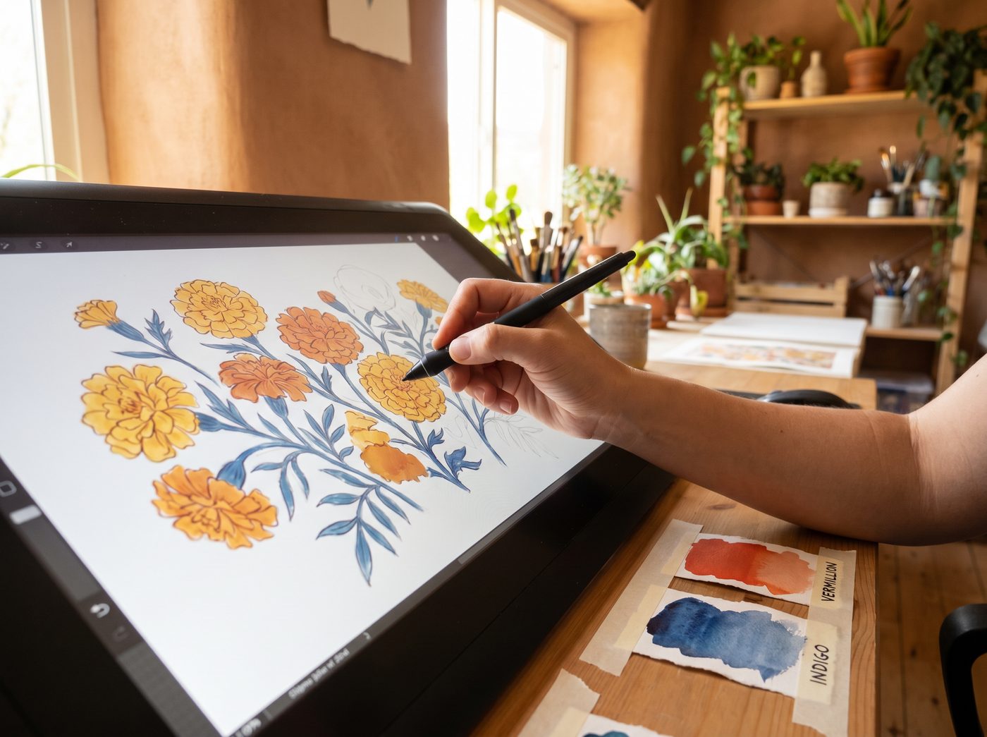 A stylus on a pen display showing a marigold mural design, physical pigment swatches laid beside the screen