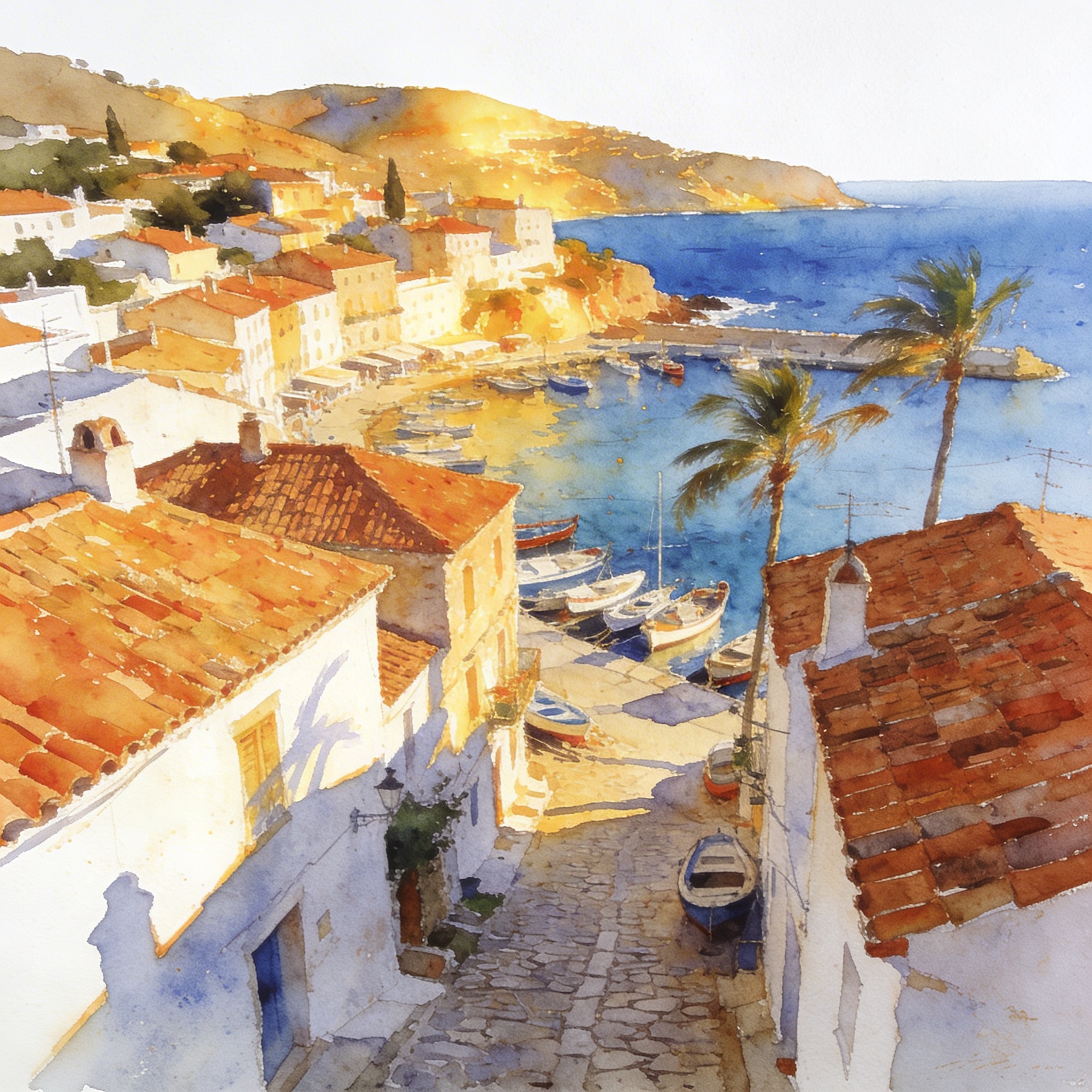 Mediterranean coastal watercolour