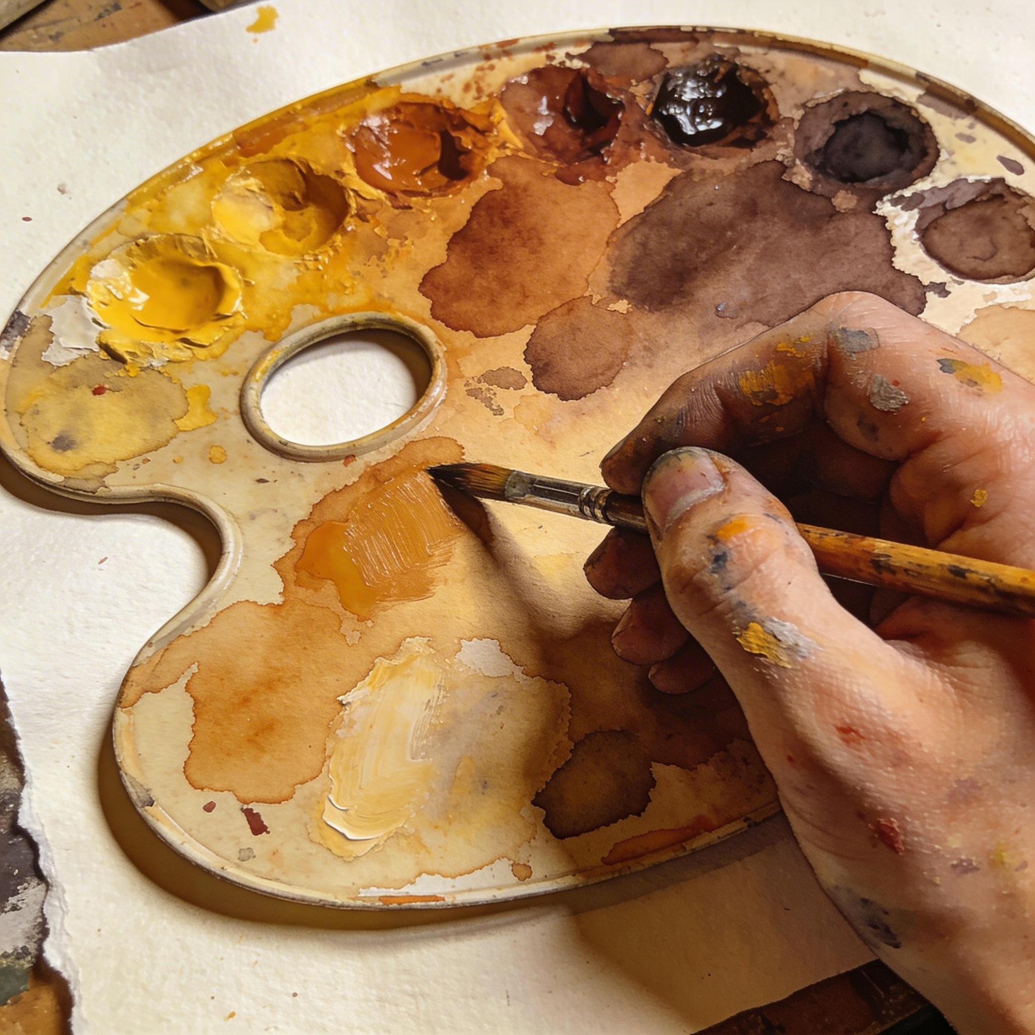 Watercolour pigments being mixed on palette