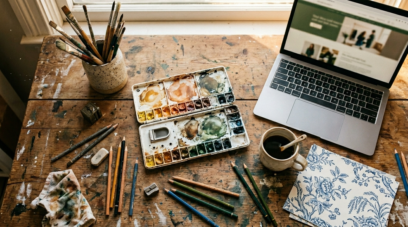 Studio workbench with laptop, brushes, watercolour palette in warm morning light