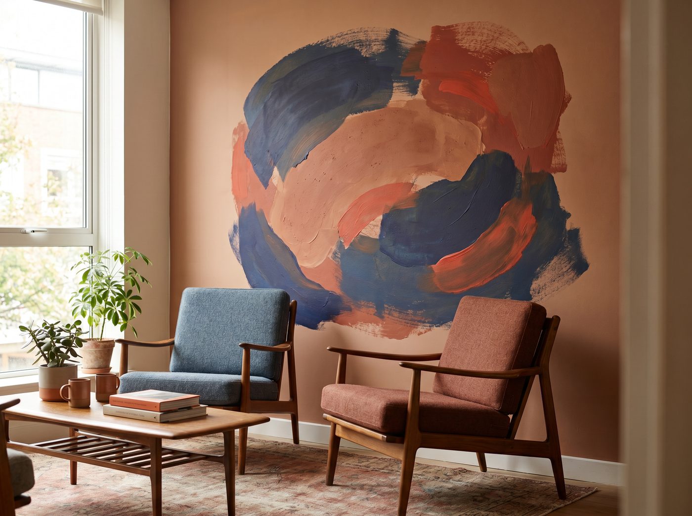 Abstract layered-stroke mural in an office workspace